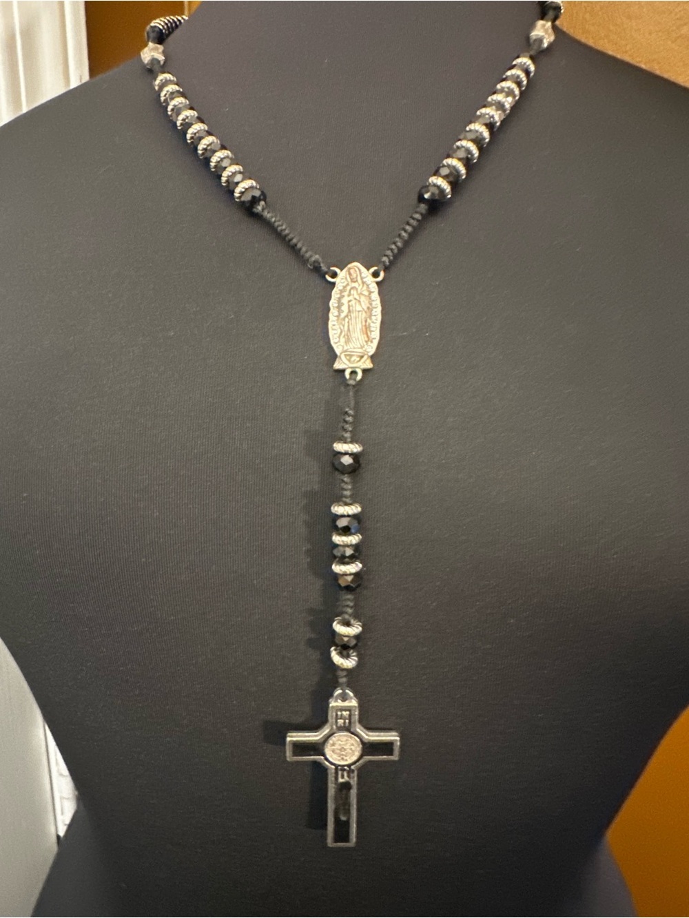 Vintage Black and Silver Rosary-Style Necklace